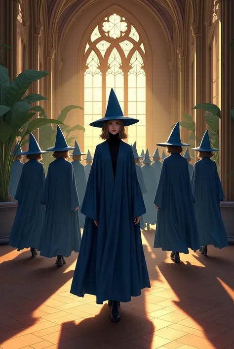 (photorealism:1.2), A serene and elegant figure seen from a slightly low angle, walking gracefully through a sunlit gothic-style corridor. 

The group of 12 beutiful girls character wears a flowing  deep azure blue color  wizards robes.  tight black color ...