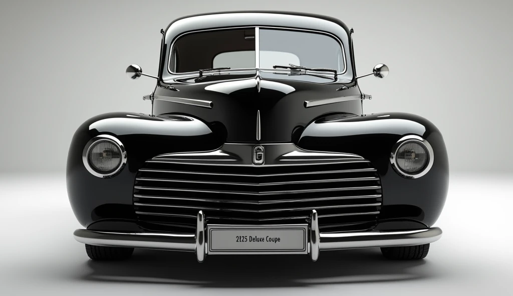 A straight front view of a futuristic 2025 Ford Deluxe Coupe inspired by the 1940 model, featuring a glossy black finish. The design includes a bold chrome grille with a prominently displayed Ford logo at the center. The car retains the vintage curves of t...