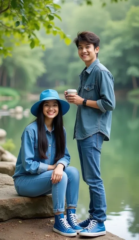 “Quiet outdoor scene, low angle shot of a beautiful  couple. A pakistani-korean-Thai woman and young thai man are sitting and drinking coffee by a natural pond.the woman has long straight black hair. they wears a cute blue brimmed hat with a denim shirt, c...