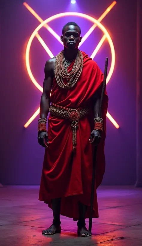 A dark-skinned man from the Maasai tribe. He wears a traditional red shúkà robe with intricate bead necklaces and bracelets. He is barefoot and carries a ceremonial staff. Standing fully upright, facing the camera on a stage lit with purple and gold lights...