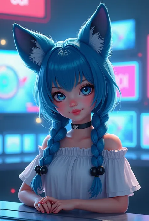 Girl with blue fox ears and two-pronged braids, broadcast