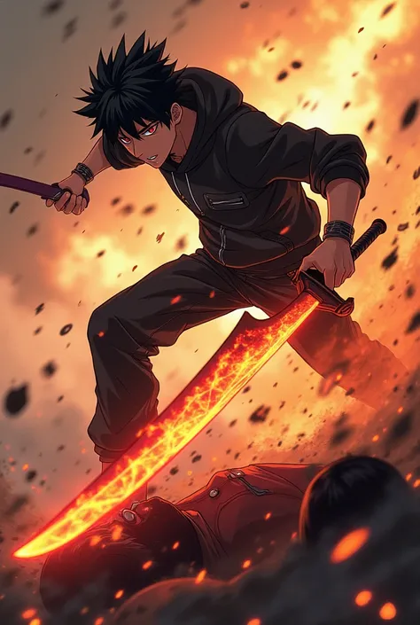 
“Anime teenager with spiky black hair and red eyes in a black hoodie
Looks like he has been in fight
He has a sword in his hand
He releases an attack 

attack should be a fireball fired the sword (massive)

The attack is heading toward a unconscious bald ...