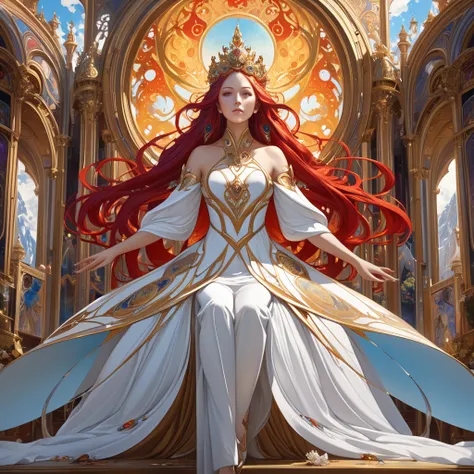 Top quality, full body, Portrait of a Spiritual Goddess,  complicated,  elegant ,  very detailed with crimson hair,  Digital Paint,  Art Station ,  Concept Art , smooth,  sharp concentration ,  illustrations,  Artgerm 、greg rutkowski、Alphonse Mucha、william...