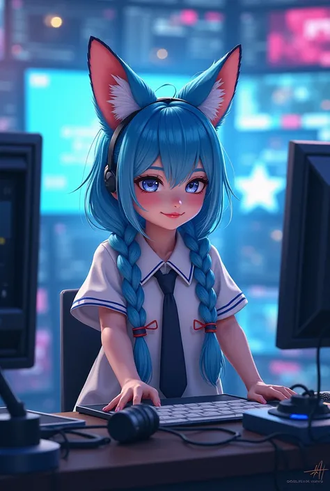 Girl with blue fox ears and two-pronged braids, Broadcasting