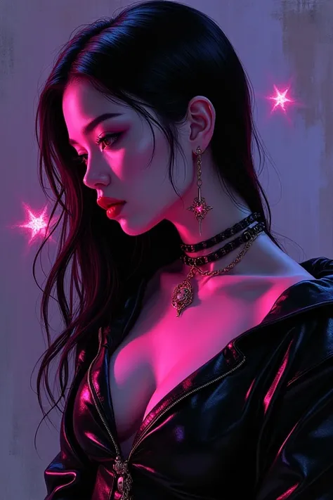 An evil female character with neon stars in,in the style of tanya shatseva, kawacy,shiny/ glossy, neonpunk, Beautiful breast, medium breast, shilin huang, light black and magenta, leather/ hide. Renaissance masterpiece painting. world renowned for its feel...