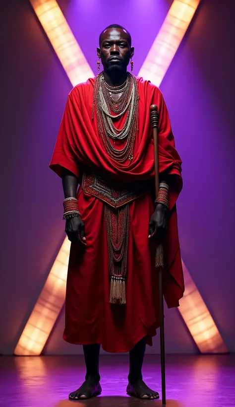 A dark-skinned man from the Maasai tribe. He wears a traditional red shúkà robe with intricate bead necklaces and bracelets. He is barefoot and carries a ceremonial staff. Standing fully upright, facing the camera on a stage lit with purple and gold lights...