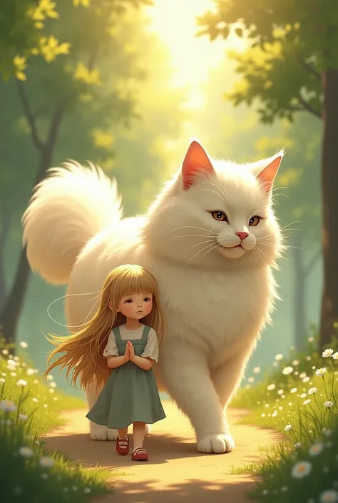 Make a little  girl with long hair walk with a big angora cat
