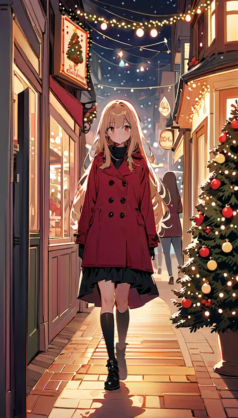 A woman with long hair who looks a little lonely is walking, Christmas Town ,It feels like a mini character 