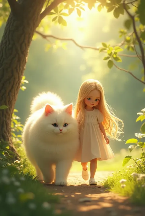 Make a little  girl with long hair walk with a big angora cat
