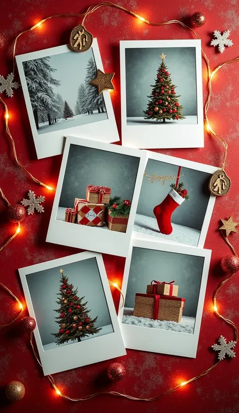 A collage of polaroid-style Christmas photos featuring snowy landscapes, Christmas trees, gifts, and stockings, all set on a textured red-and-gold background with subtle fairy lights. with word "Happy Christmas"