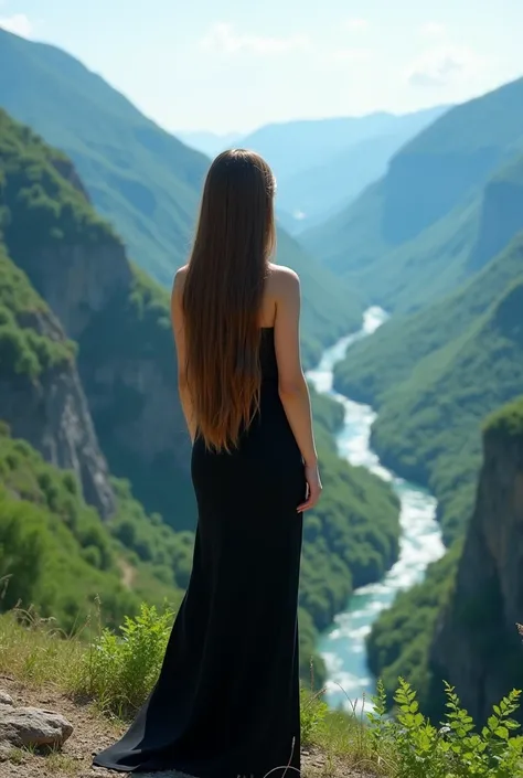 A bright, clean and well-groomed woman with Brownish  hair. Her hair is well-groomed and beautiful. This woman is 24-25 years old and white skinned. Her hair is long to the waist. She has an elegant Black and narrow dress on her. At the top of the mountain...