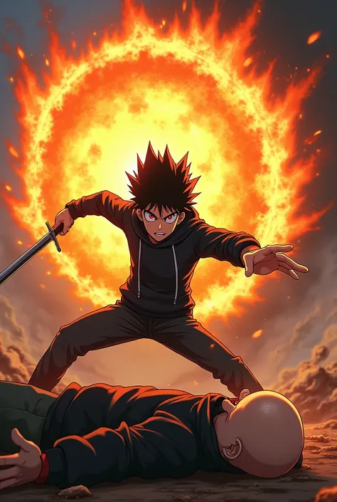 
“Anime teenager with spiky black hair and red eyes in a black hoodie
Looks like he has been in fight
He has a sword in his hand
He releases an attack 

attack should be a fireball fired at someone (massive)

The attack is heading toward a unconscious bald...