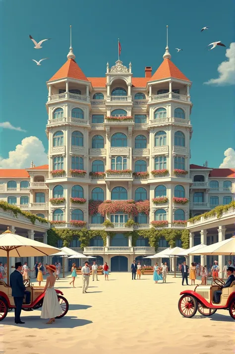 Photo dun magnifique hôtel palace méditerranéen des années 1900, à la façade blanche et remplie de belles fleurs de toute les couleurs, sur les balcons, sur une magnifique plage de sable remplie de magnifiques pins parasols partout, avec deux magnifiques v...