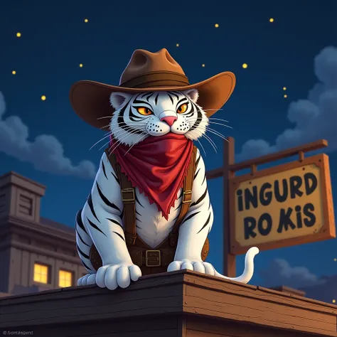 2D cartoon image of a white tiger, a brutal cowboy costume, written as BG5, a cowboy roof scene at night, with a sign written as Mustard.