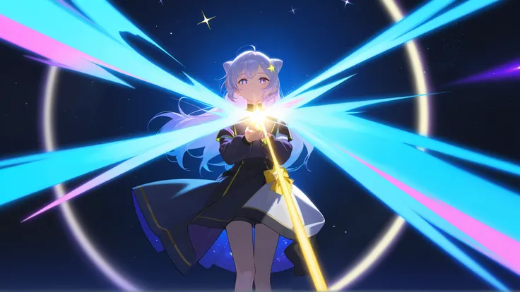 The girl releasing the collected star fragments into the celestial space, which immediately transform into brilliant, shining stars, lighting up the void.