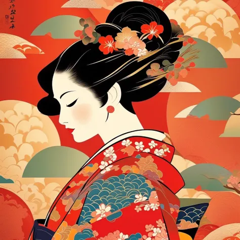 Japanese pattern background , woman in kimono seen from the side,Stylish pop illustrations,High precision