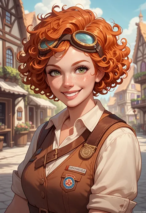 Solo female, human, ginger hair, engineer, tinker, goggles, nerdy, short hair, curly hair, freckles, fantasy, village, masterpiece, highest quality, smile