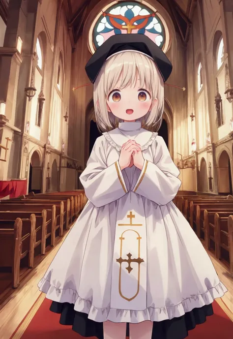 masterpiece, top quality, high definition ,Anatomical,Realistic, detailed description , Full Photo,8k,kawaii,((church)),((choirs)), Multiple People,((Two s)),Baby Face,Petite,flat body ,pure white smock,prayer,