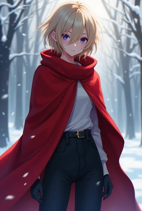 beautiful 20 year old blonde girl , cold,  with short hair  (hair covering his left eye  )  black pants and red cape winter anime version