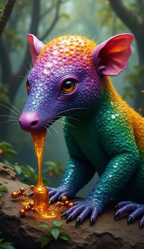 hyperrealistic oil painting of a jewel-stone anteater
A small anteater with skin that seems to be made of gemstones,  ranging from amethyst , topaz and emerald .  Its tongue shines like liquid gold as it feeds on luminous ants .  The setting is a rainfores...