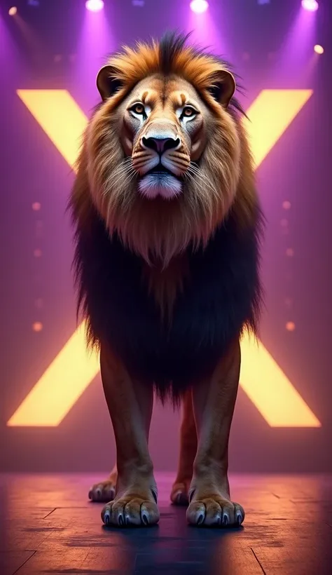 A massive lion with deep brown fur and a majestic flowing mane. The lion stands proudly on the AGT stage, fully visible, facing the camera, with the glowing "X" in the background. Purple and gold lights illuminate the scene. Fur texture is hyper-detailed i...