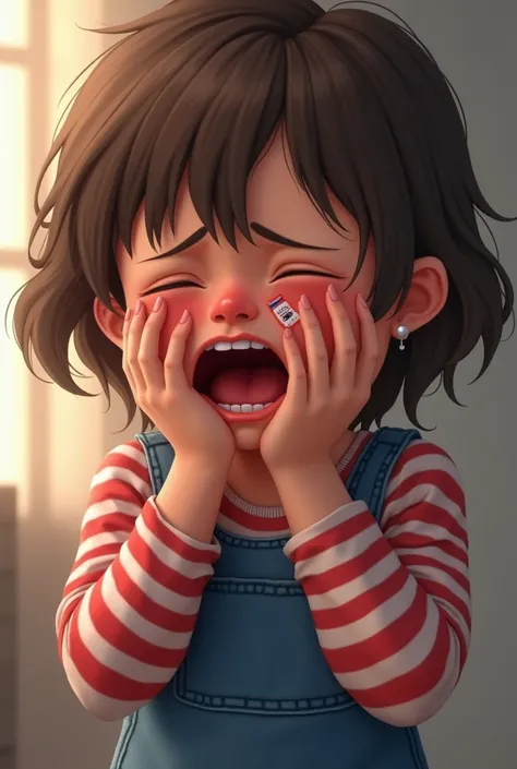 A  crying loudly with a cut on her finger.
The  is wearing a denim jumper and long sleeves stripes (red and white) inner. The  has brown short wavy hair.
The  is crying loudly

I said a !
Where is the wound on her finger????