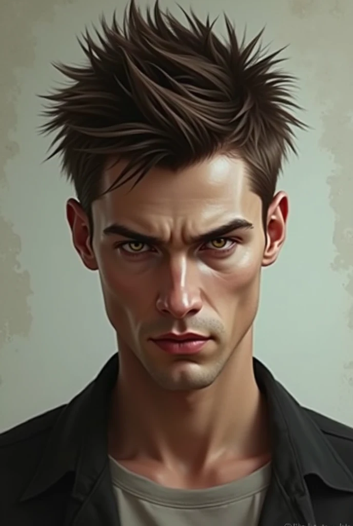  Man short brown hair in the shape of spikes, thin nose, strong and striking golden eyes , thin and thin face 