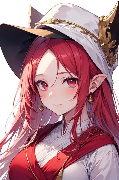 Masterpiece, ((1 girl)), ((Best Quality)), (Ultra-detailed), Highly detailed, (Portrait), ((Big breasts)), ((Very Long Hair, Red hair, Red eyes, Forehead, Long ears)), ((30-years-old, Mature women, Old woman)), ((White Skin)), (Wizard Robe Full Red Dress, ...