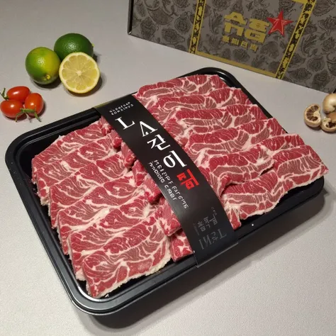 Enhance a high-quality food photograph of LA Galbi (Korean-style short ribs) displayed in a black tray. The marbling of the beef should appear rich, glossy, and vibrant, with realistic textures to emphasize freshness and premium quality. Adjust the lightin...