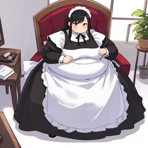 masterpiece,  best quality,Advanced Details,  long black hair,  girl,  very fat,  chair,  The entire dress completely covers the body.、(Black Long Sleeve Maid Outfit )、 high neck shirt、 Long Skirt, full body、