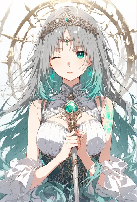 A mature woman with a calm expression, and elegant beauty. Looking at the viewer. She has long, layered hair in an ashy cerulean shade, slightly reflective, with delicate strands. Secured by a unique staff-shaped pin. The rest flows loosely to her mid-back...