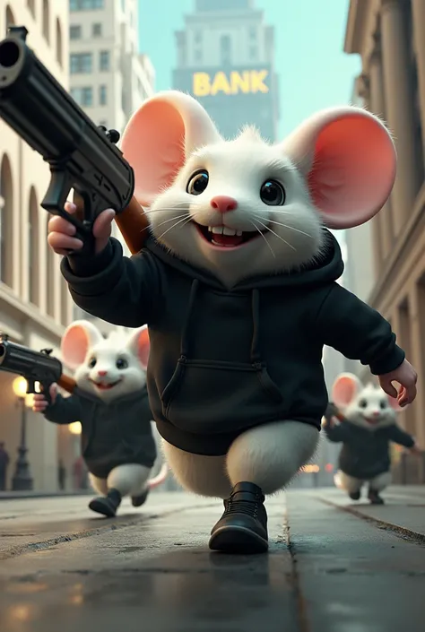 In cinematic 3D style, HD image, colourful image ,realistic image.
Character, a hybrid big white mouse wearing black hoodi and black shoes
action,one hybrid big white mouse are  wearing similar clothes, black hoodie and black shoes, they are running down t...