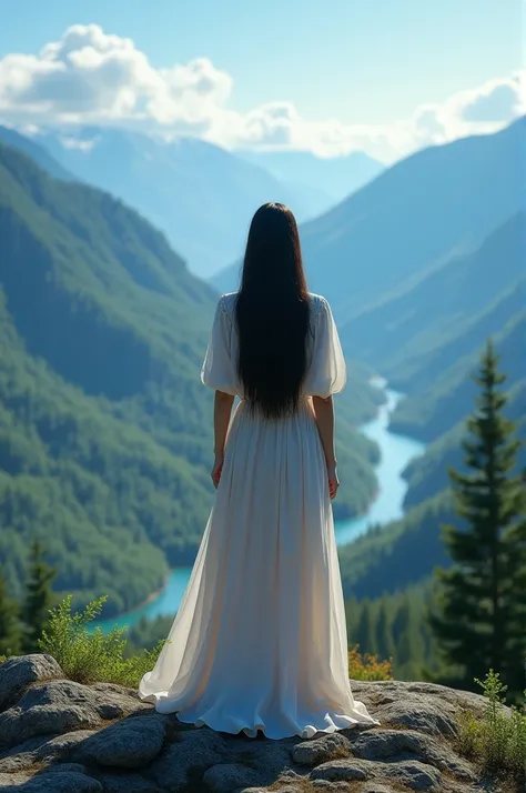 A bright, clean and well-groomed woman with Kumral hair. This woman is 24-25 years old and white skinned. Her hair is long to the waist. She has an elegant dress on her. At the top of the mountain, the woman watches the beautiful valley of the Eastern Blac...