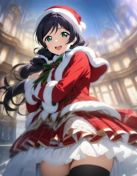 1girl, toujou nozomi, love live!, santa costume, black over the knee socks, masterpiece, best quality, very aesthetic, absurdres, smile, looking at viewer, open mouth, dutch angle, highres extremely detailed, beautiful scape, indoors, cowboy shot, dynamic ...