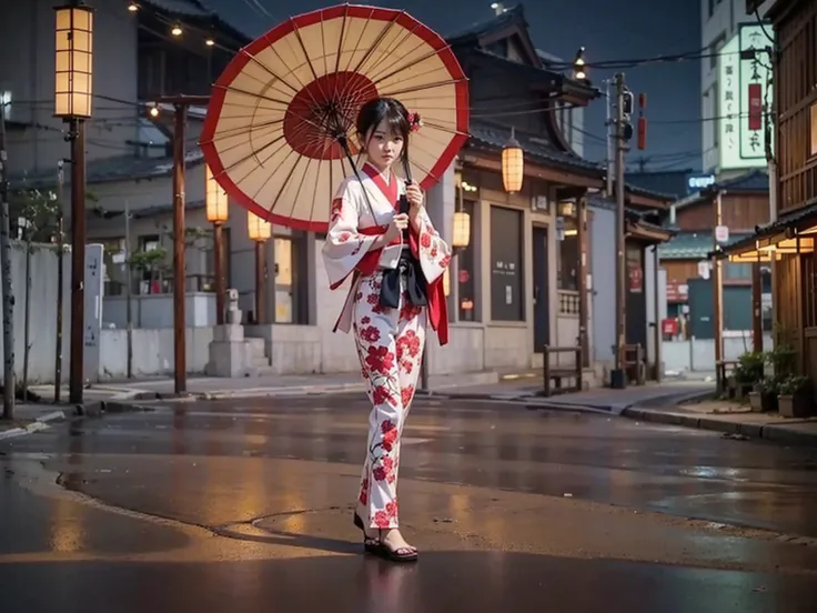 The image shows a character in a traditional Japanese-inspired outfit holding a large umbrella. The setting appears to be a street in a city with traditional lanterns and architecture.