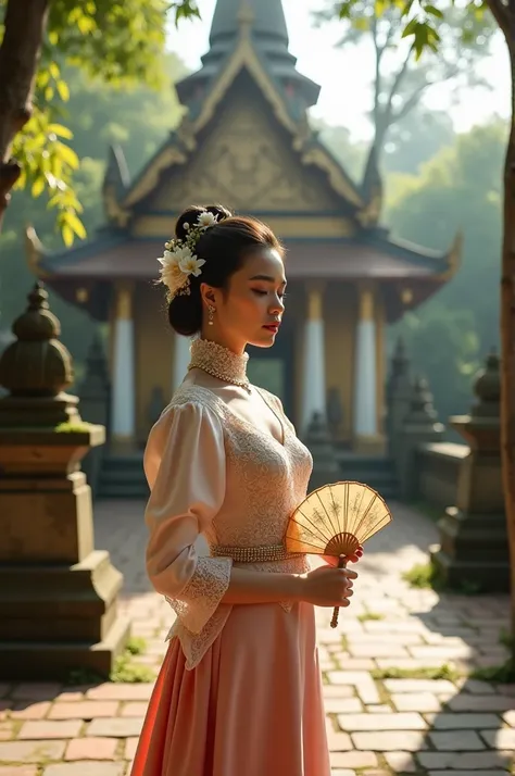 A poised Thai woman wearing a ThaiVictorianStyle dress that combines traditional Thai silk with Victorian-inspired lace and puffed sleeves. The dress is richly detailed with floral embroidery and accessorized with a pearl brooch and a golden belt. Her hair...