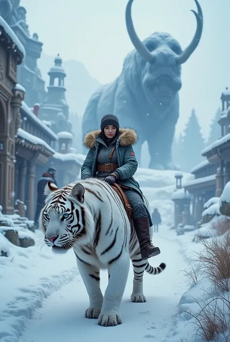 A cinematic and detailed winter landscape inspired by PUBG, featuring a majestic white tiger with blue eyes and dark stripes in the foreground. A beautiful , wearing a thick winter coat with animal fur, rides a tiger through the snow, mountainous terrain f...