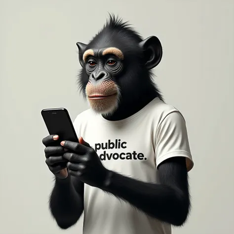 A black monkey , wear a shirt with the words Public Advocate,  hands pressing the phone 