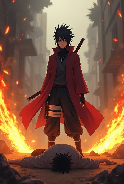 Dark haired uchiha red eyes gleaming through smoke with shoulder length spiky hair firing blades of fire at a bald opponent unconscious on the ground 
Sword on his back

Background is Smokey and rubble 