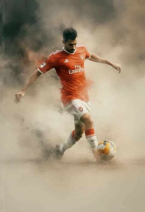 Oil on canvas, Of un futbolista tirando a la portería, playera con rayas rojas y blancas, soft spots and artistic blur, gray sketch .  Masterpiece,  tall details,  textured skin ,  Lines of motion, depth of field, bokeh, Post-impressionism, orange, beige, ...