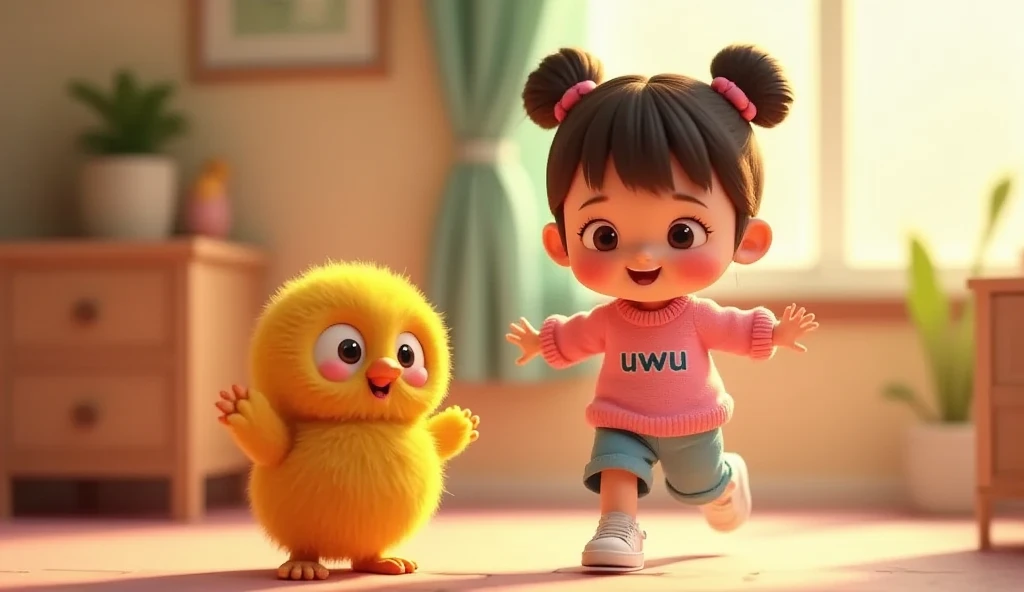 "3D animated scene in a warm and cheerful pastel style. Uwu, a cute  girl with two buns hairstyle and bangs, is running energetically toward her bright yellow ransel, which rests on the floor. She is wearing a pink sweater with uwu written on it, blue carg...