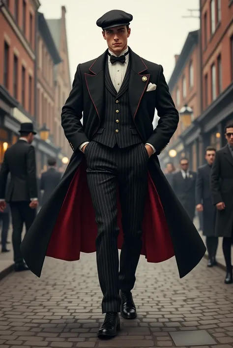 

"A man in early 20th-century fashion is walking confidently on a cobblestone street in front of a vintage brick building. He is wearing a tailored three-piece pinstripe suit with a waistcoat, complemented by a long black overcoat with a deep red interior...