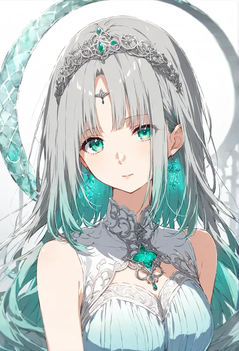 A mature woman with a calm expression, and elegant beauty. Looking at the viewer. She has long, layered hair in an ashy cerulean shade, slightly reflective, with delicate strands. Secured by a unique staff-shaped pin. The rest flows loosely to her mid-back...