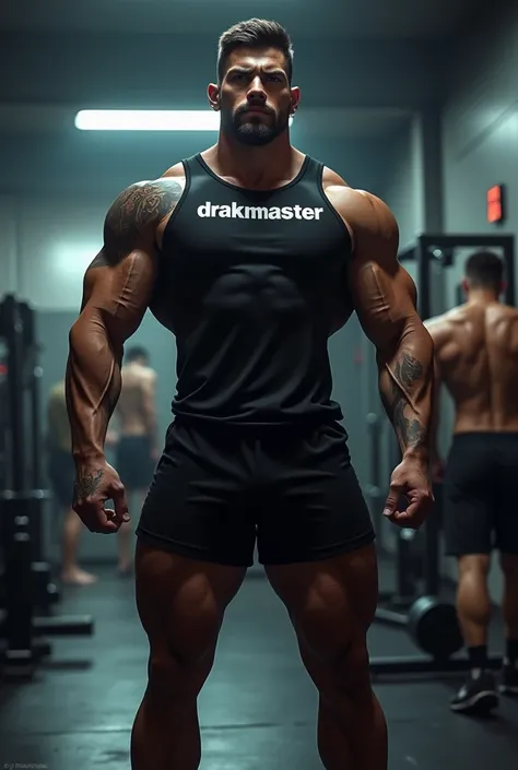 Man with fully muscle and 6 pack and half nikkar , black half tshirt on tshirt write DrakMaster in white colour stand on gym lobby in background a another man do workout and all this in night view in full screen 