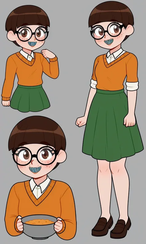 A cute girl (age 20, brunette, thick, bowl cut hair, orange sweater, glasses, freckles, braces, green skirt short, brown loafers, cute but shy) exploring a dusty old haunted house Jinkies!