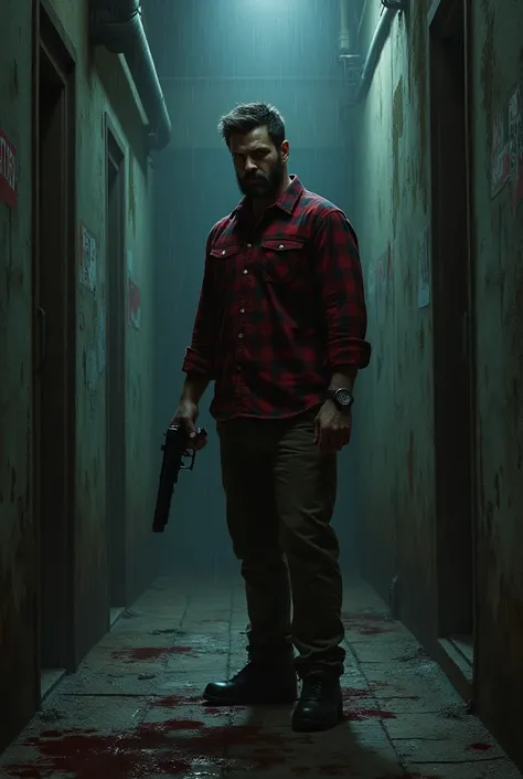 Man in short beard wore red and black checked shirt and brown pant holding gun with blood in his face in mysterious dark old building in rainy night 