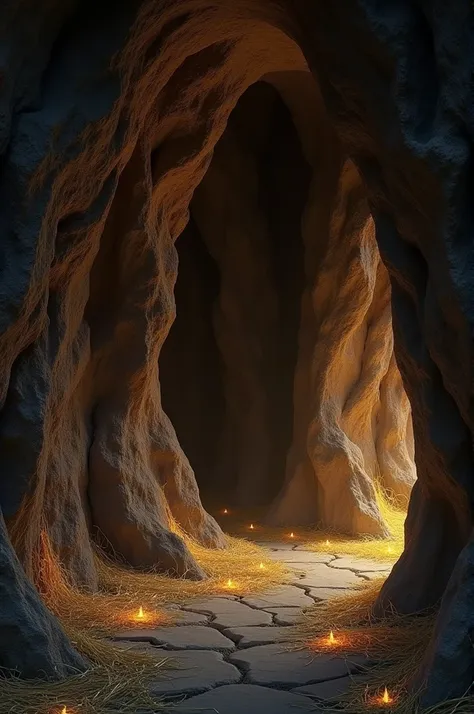 A rock cave with no light lined with straw that resembles the cave of the Lord Lying 
