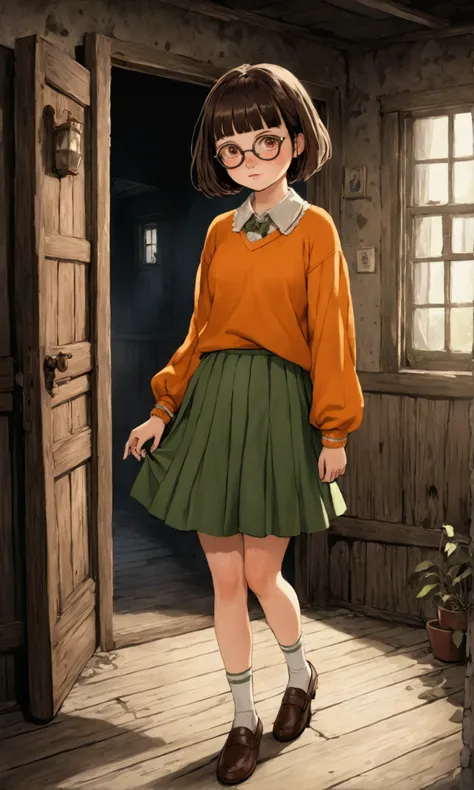 A cute girl (age 20, brunette, thick, bowl cut hair, orange sweater, glasses, freckles, braces, green skirt short, brown loafers, cute but shy) exploring a dusty old haunted house Jinkies!
