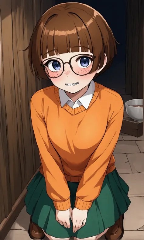 A cute girl (age 20, brunette, thick, bowl cut hair, orange sweater, glasses, freckles, braces, green skirt short, brown loafers, cute but shy) exploring a dusty old haunted house Jinkies!
