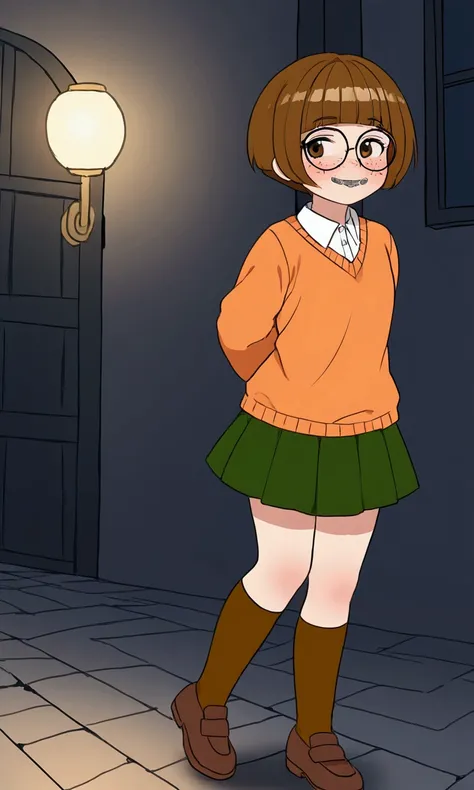 A cute girl (age 20, brunette, thick, bowl cut hair, orange sweater, glasses, freckles, braces, green skirt short, brown loafers, cute but shy) exploring a dusty old haunted house Jinkies!
